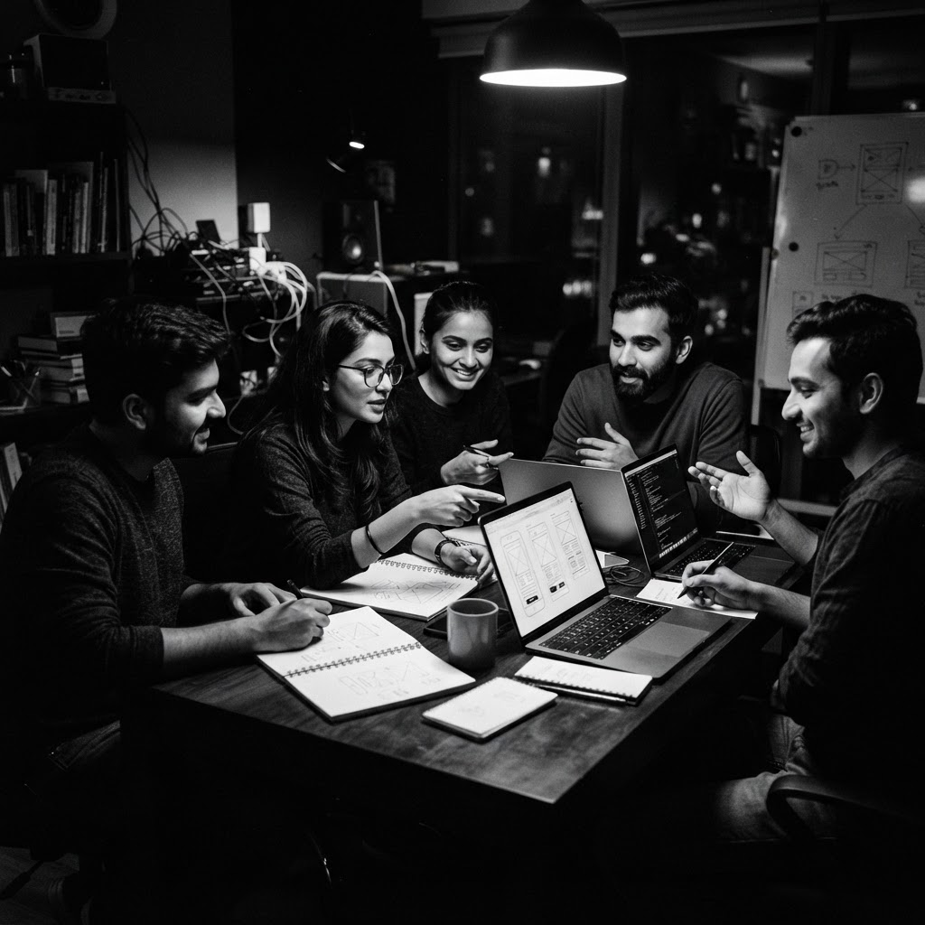 A small startup team collaborating around a table in a studio office