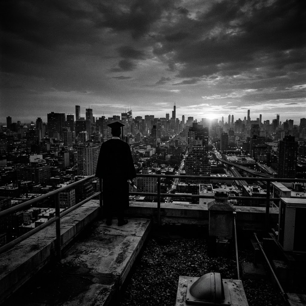 A graduate in silhouette looking over a city skyline at dawn
