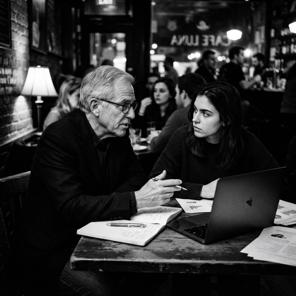 Two professionals in conversation over coffee